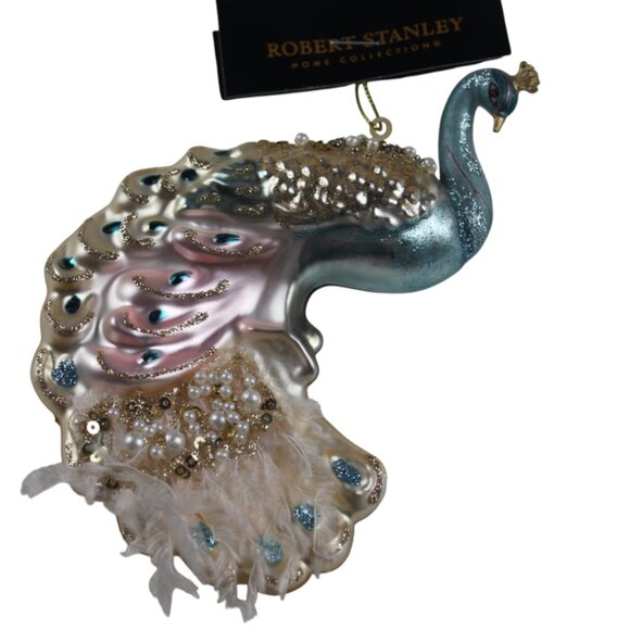 Robert Stanley Christmas Ornament Peacock Blown Glass Feathers Blue Gold 6" NWT - Picture 1 of 4